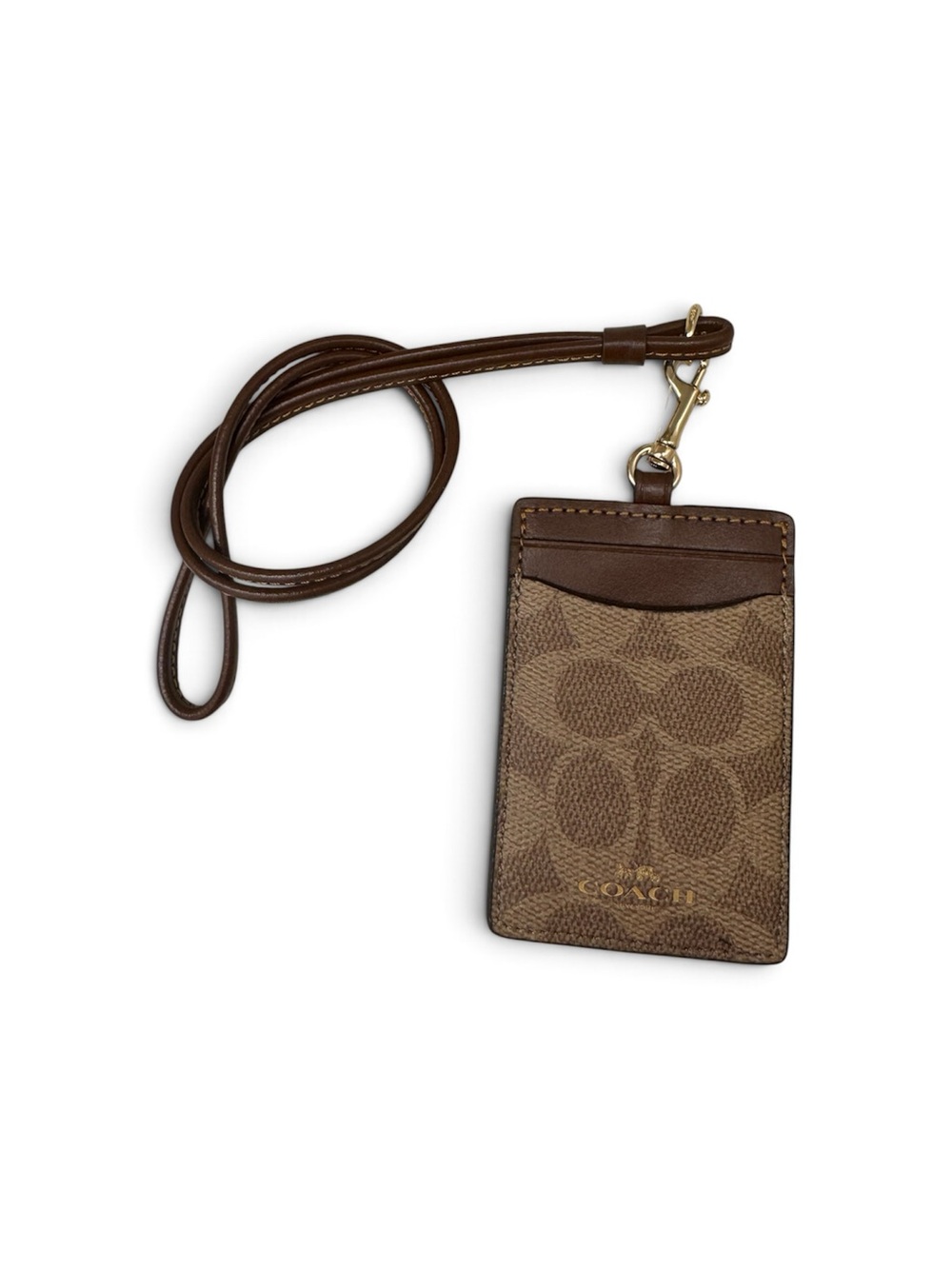 Coach Brown Signature Canvas Card Holder with Lanyard and Gold Hardware